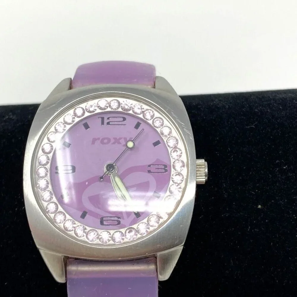 Roxy Girls Watch Silicone Band Purple Face Crystal Bezel Stainless Steel Case